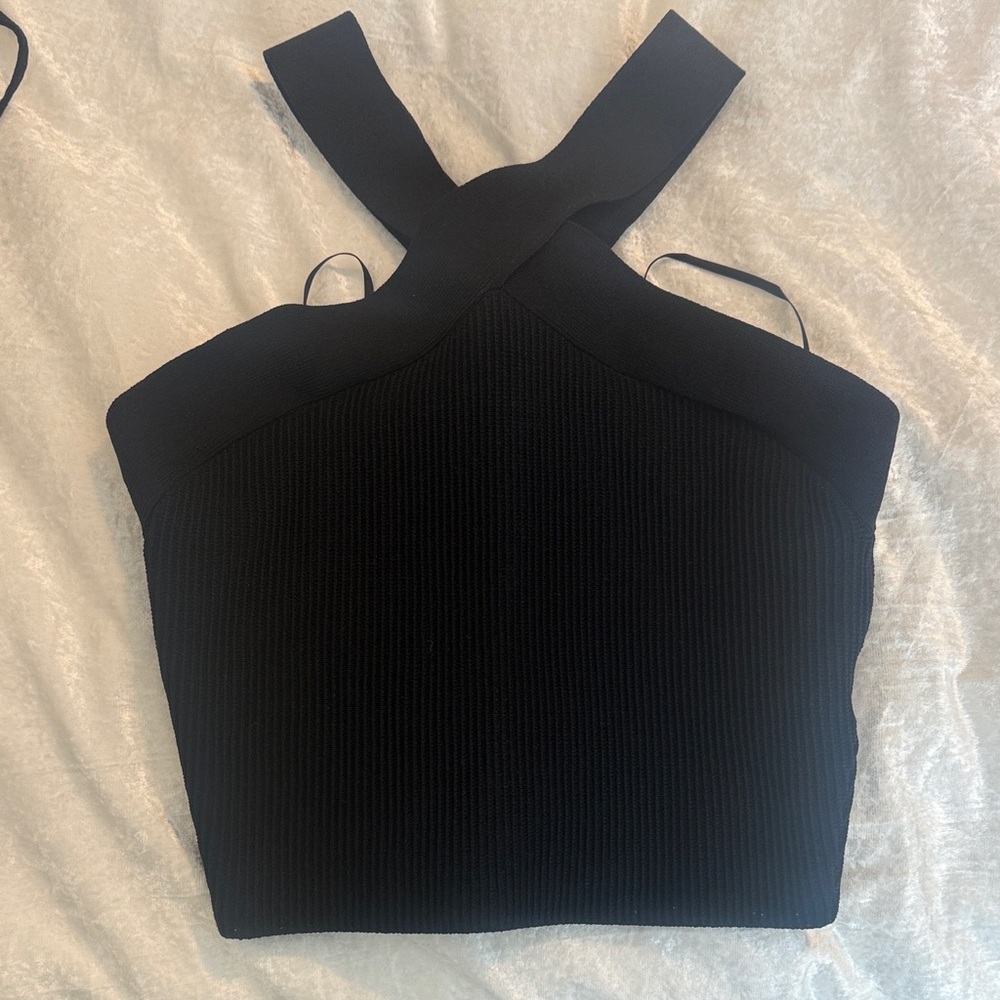 Aritzia Babaton Black Ribbed Cross-Strap Crop Top